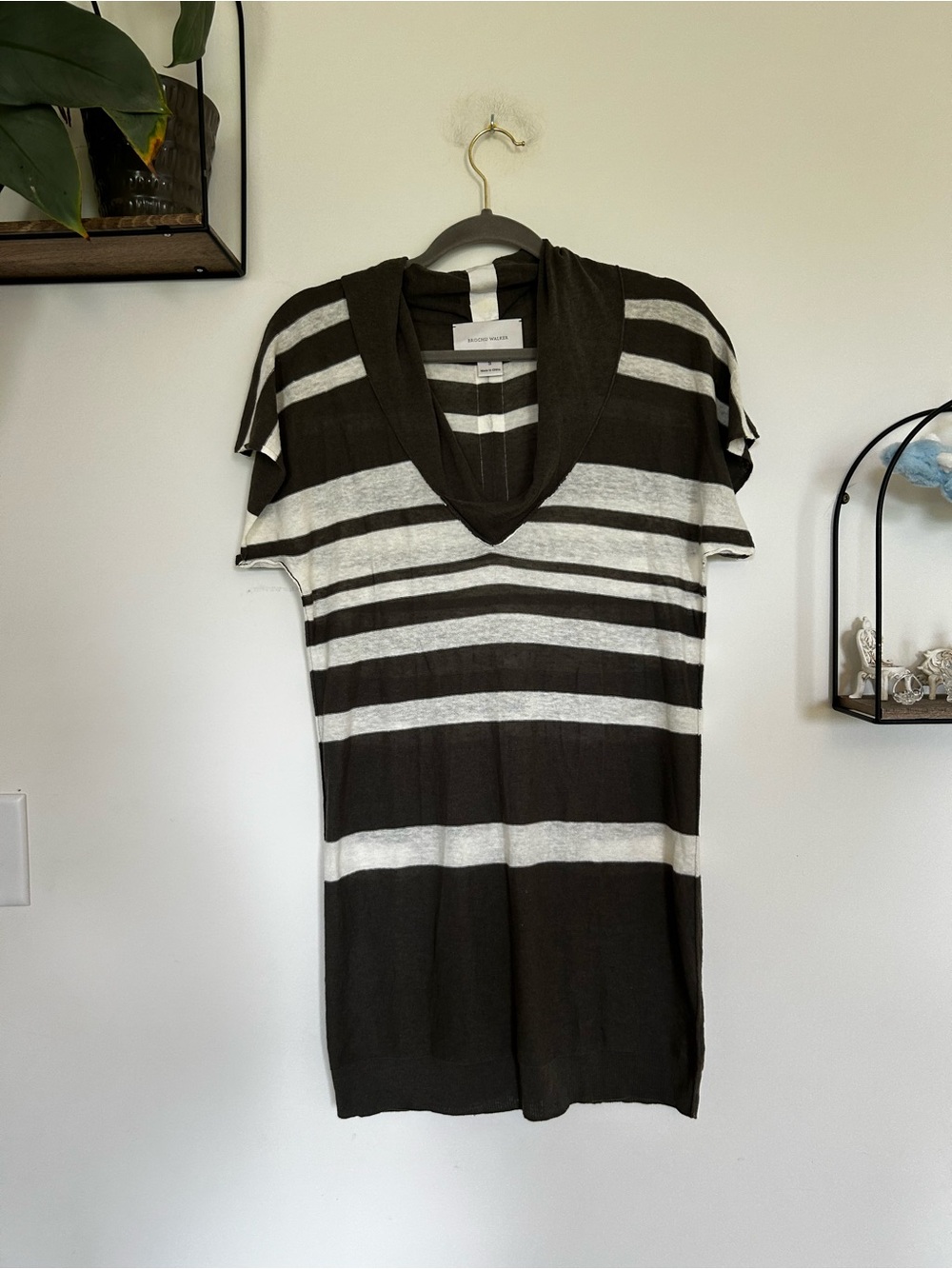 Brochu Walker Green & White Linen Cotton Cowl Neck Short Sleeve Tunic Mini Dress